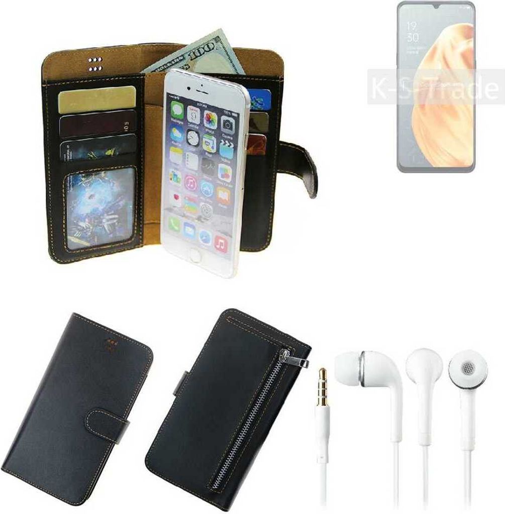 TOP SET Handy Hülle Schutz Hülle kompatibel mit Oppo A91 schwarz aus Kunstleder + Kopfhörer Smartphone Tasche vollwertige Geldbörse K-S-Trade