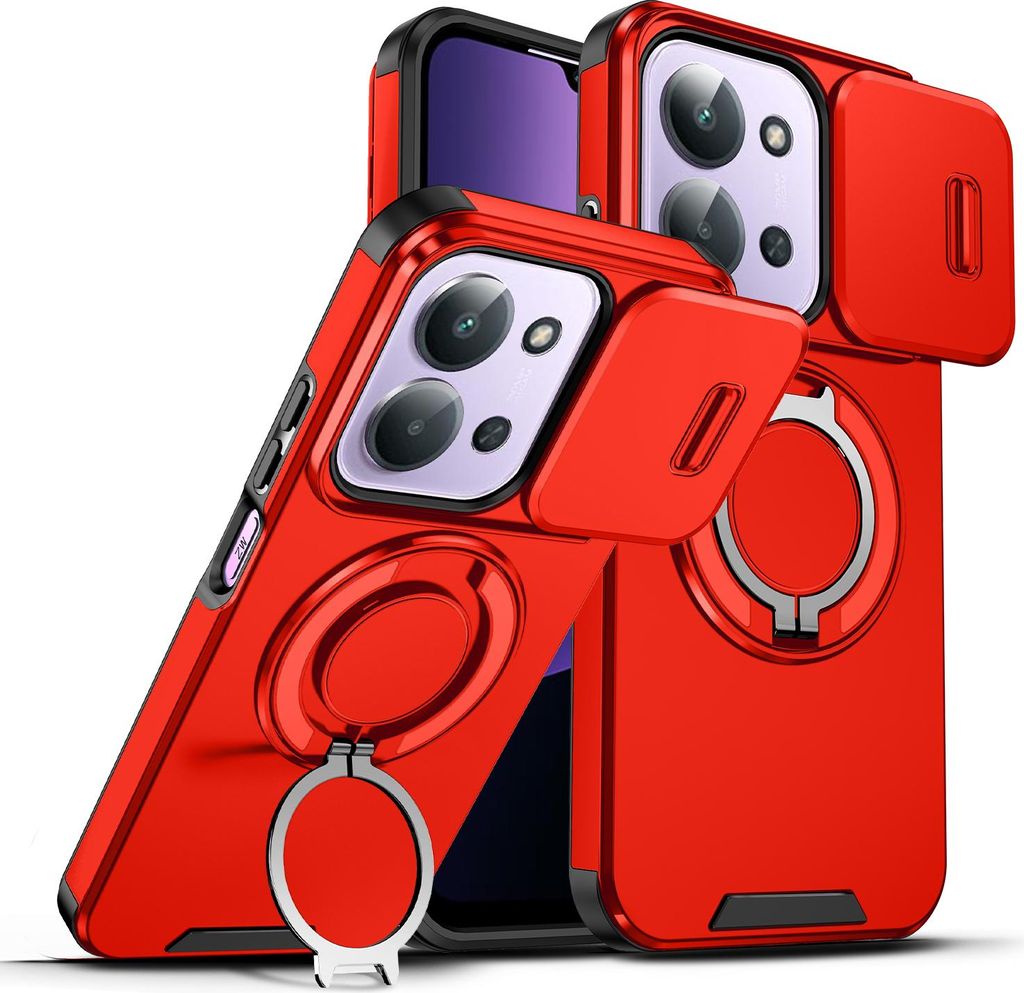 Handyhülle für Xiaomi Redmi 15C 4G Dual-Layer Stoßfest Militär Hülle mit Dia Kameraschutz und Magnetisch Ring Ständer Rot