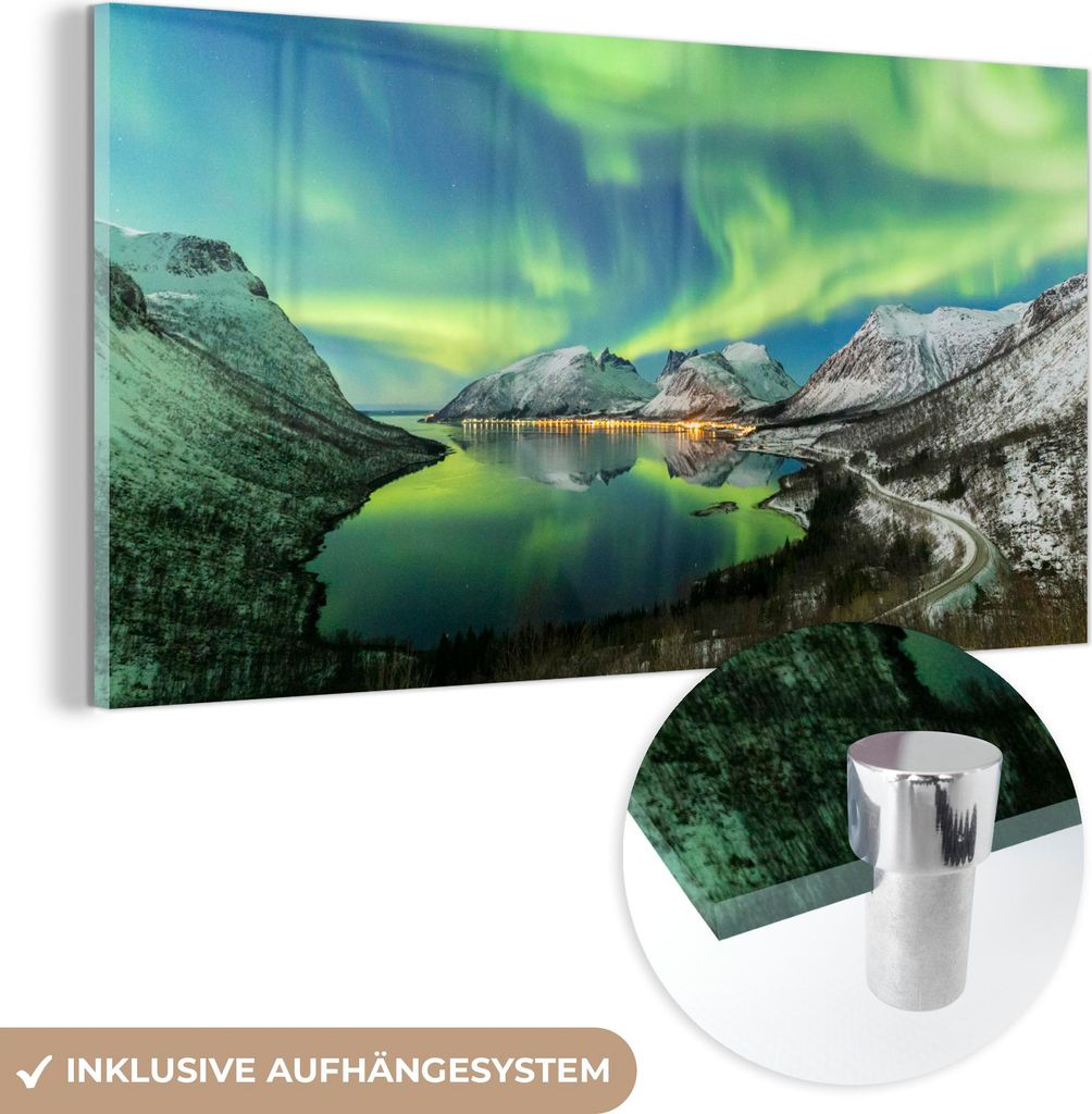 MuchoWow Glasbilder - Bilder auf Wandbild - Foto auf Glas Nordlichter - Fjord - Norwegen 120x60 cm Wanddekoration aus Glas - Acrylglasbild - Acrylb...