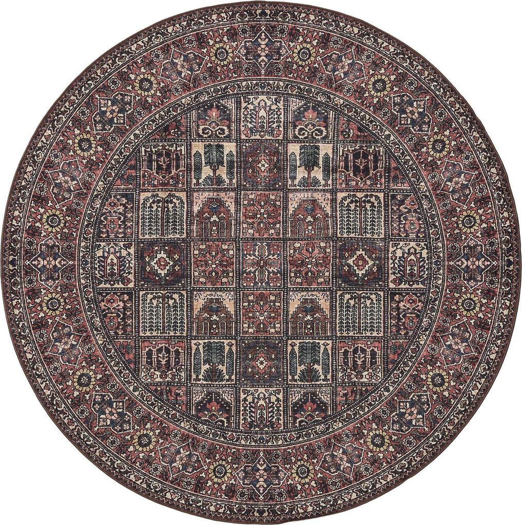 benuta Waschbarer Vintage Teppich George Multicolor/Rot ø 120 cm rund Wohnzimmerteppich Schlafzimmer weich orientalisch