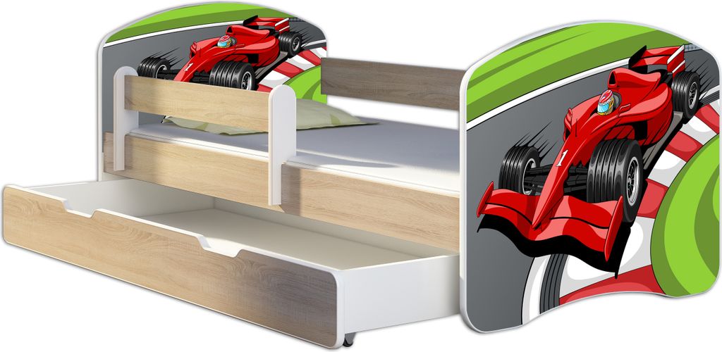 ACMA Jugendbett Kinderbett Junior-Bett Komplett-Set mit Matratze Lattenrost und Rausfallschutz Sonoma 06 Formel 1 160x80 + Bettkasten