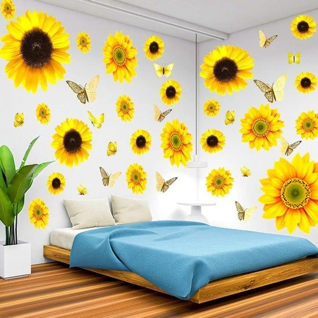 Décoration murale tournesols XXL avec effet papillon 3D jaune vibrant