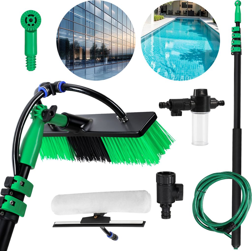 Jayseuw Waschbürste Teleskopstiel 3.6/4.8m lang, besen mit Wasseranschluss, für Reinigung von Terrassenplatten, Fenster- und Glasflächen usw