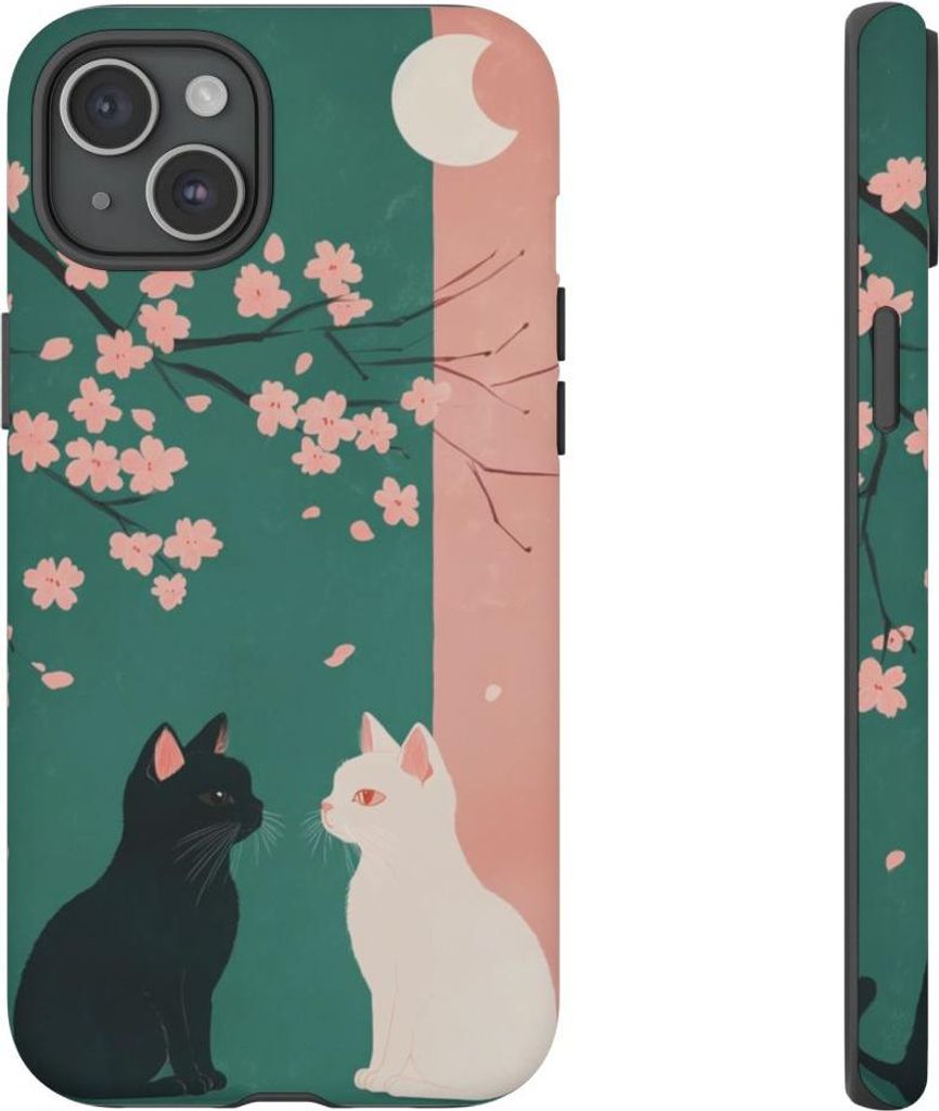 Schwarze und weiße Katzen mit Kirschblüten – Handyhülle Kompatibel mit iPhone 15 Plus