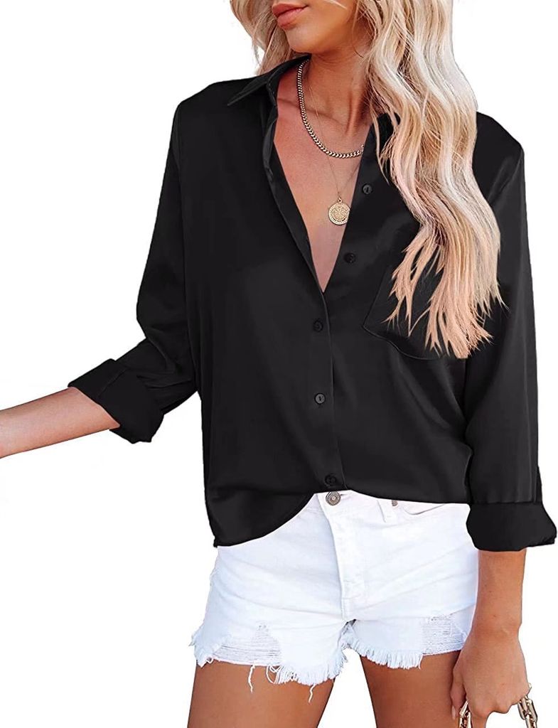 Chemisier Satin Brillant Femme - Col Boutonné, Coupe Régulière, Multicolore Pour Fête Ou Quotidien