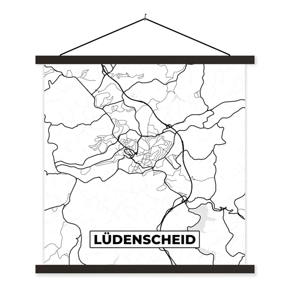 MuchoWow Textilposter Lüdenscheid - Karte - Stadtplan 90x90 cm mit schwarzem Rahmen - Magnetisches