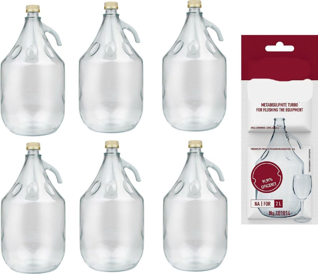 6 x 5L Flasche +Schwefelpulver GLASBALLON Weinballon Glasflasche Gärballon