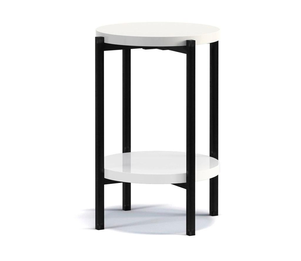 Runder Couchtisch Sampi 44 cm weiß hochglanz mit Regal – Moderner Beistelltisch im eleganten Design mit Metallgestell und zusätzlicher Ablagefl...