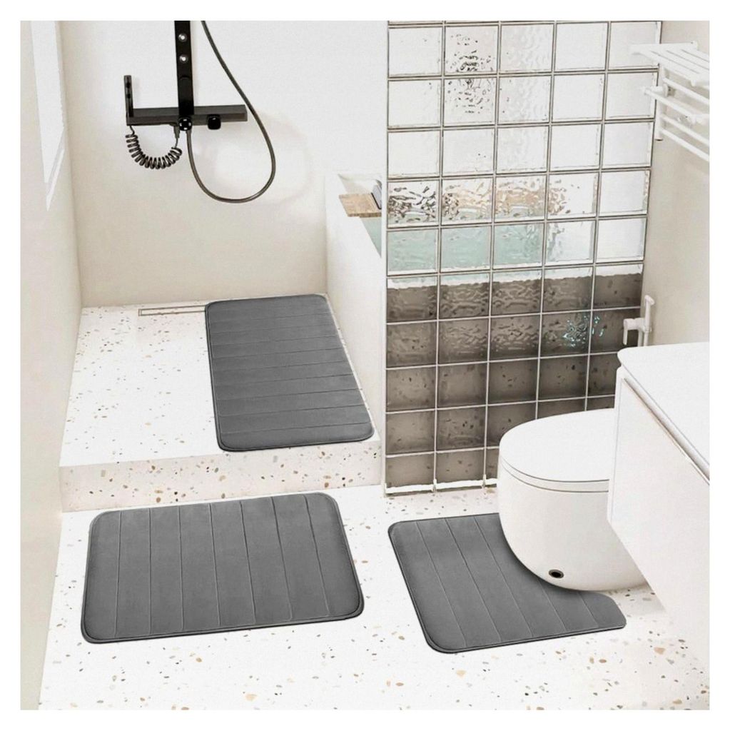 3-teiliges Badezimmerteppich Set, Weiche Memory-Schaum Badematte und U-förmiger WC-Vorleger, Rutschfester und Saugfähiger Badteppich, Badematten-...