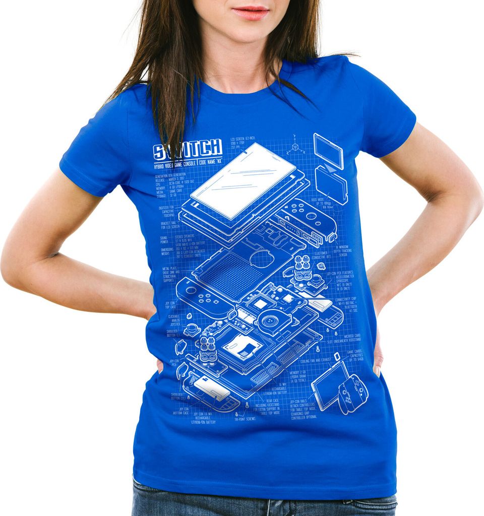 style3 Switch Blaupause Damen T-Shirt pro gamer konsole joy-con, Farbe:Blau, Größe:S