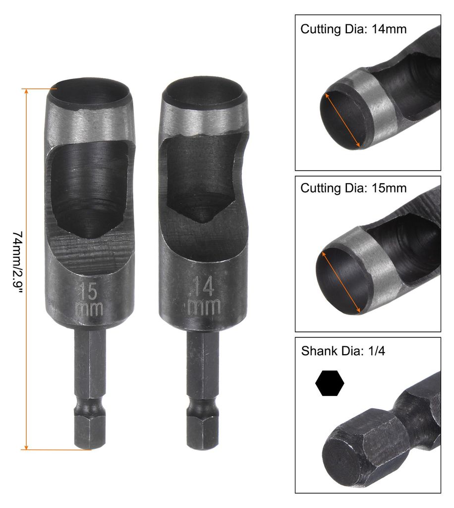 2-Teiliges 14mm,15mm Hohlstanze Leder, Runde Lochstanze Werkzeug mit 1/4 Sechskantschaft fš¹r Bohrer, Gš¹rtelstanzer Hochkohlenstoffstahl Einze...