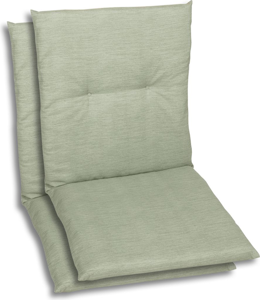 Two light green chair cushions are stacked on top of each other against a white background.