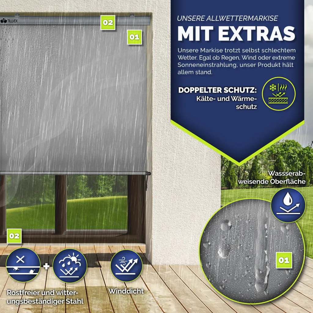 tillvex® Tenda verticale 160x250 cm Grigio per esterni e interni | Tenda a rullo per esterni impermeabile con manovella per balcone, terrazza e giardino | Tenda a rullo per balcone protezione solare in alluminio | Tenda a rullo protezione privacy - 8