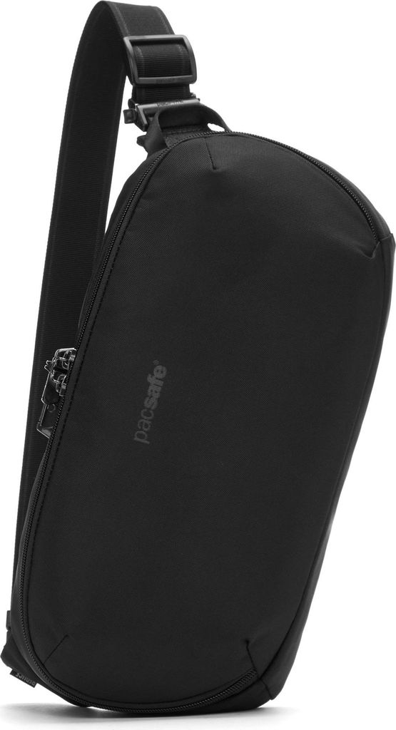 A black Pacsafe Rucksack V Urban Sling bag is shown against a white background.