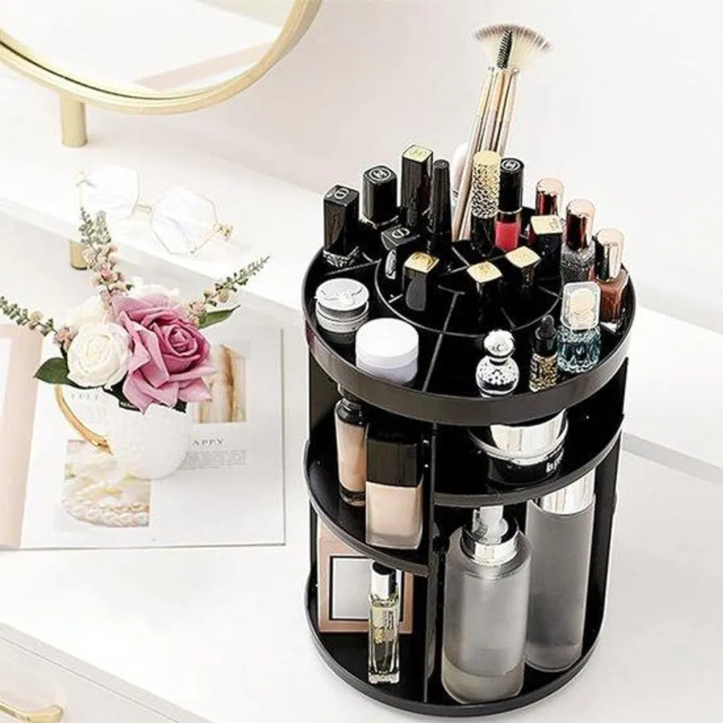 Organiseur maquillage pivotant noir : fini le désordre sur votre coiffeuse