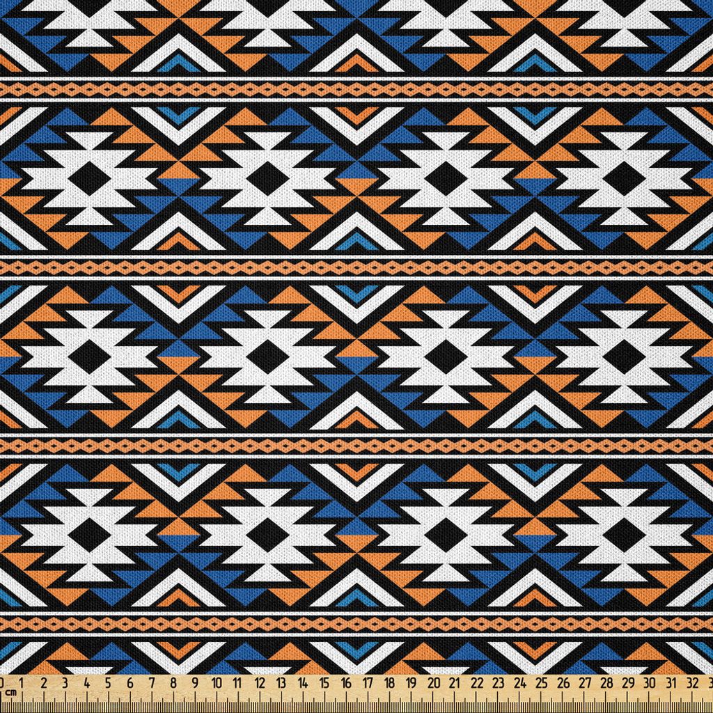 ABAKUHAUS Boho Microfaser Stoff als Meterware , Grenze ethnisches nahtloses geometrisches Muster in Boho Art Style, 1 M (230 x 100 cm), Orange Blau...