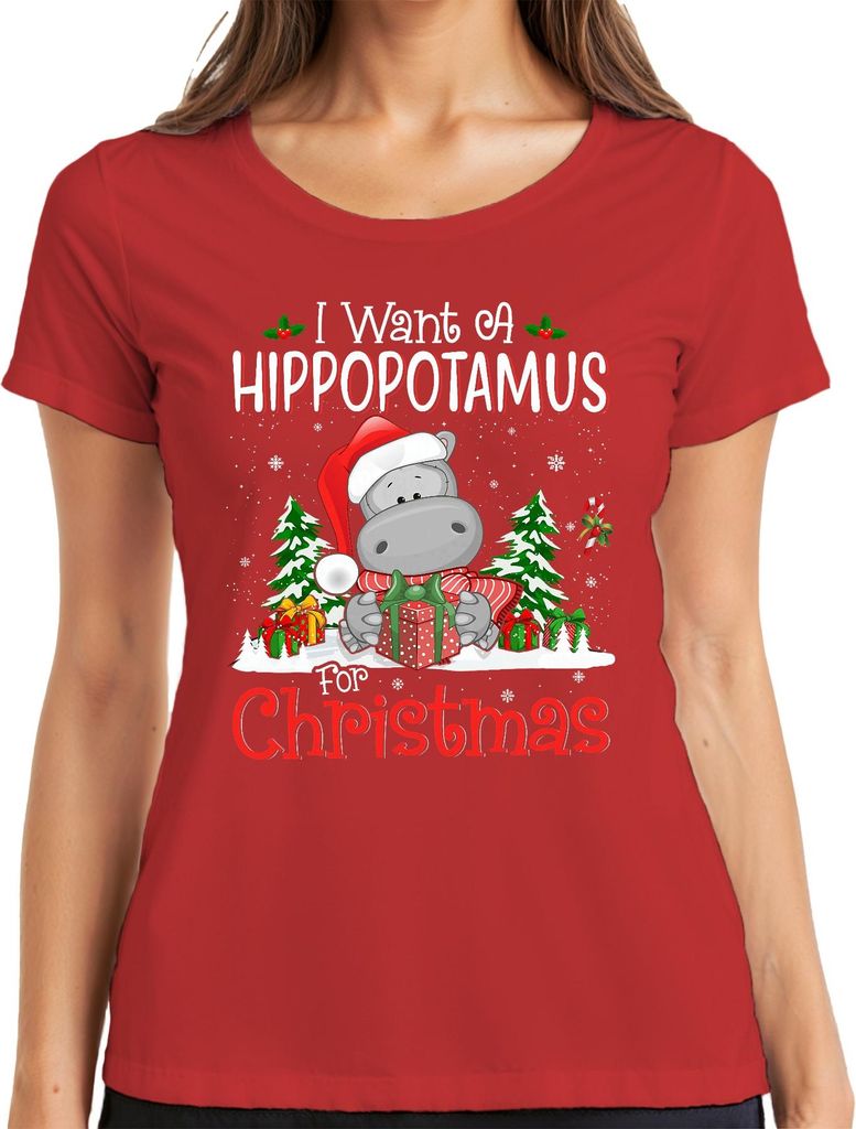 I Want A Hippopotamus For Christmas Lustig Nilpferd Santa Damen T-Shirt, Rot, L