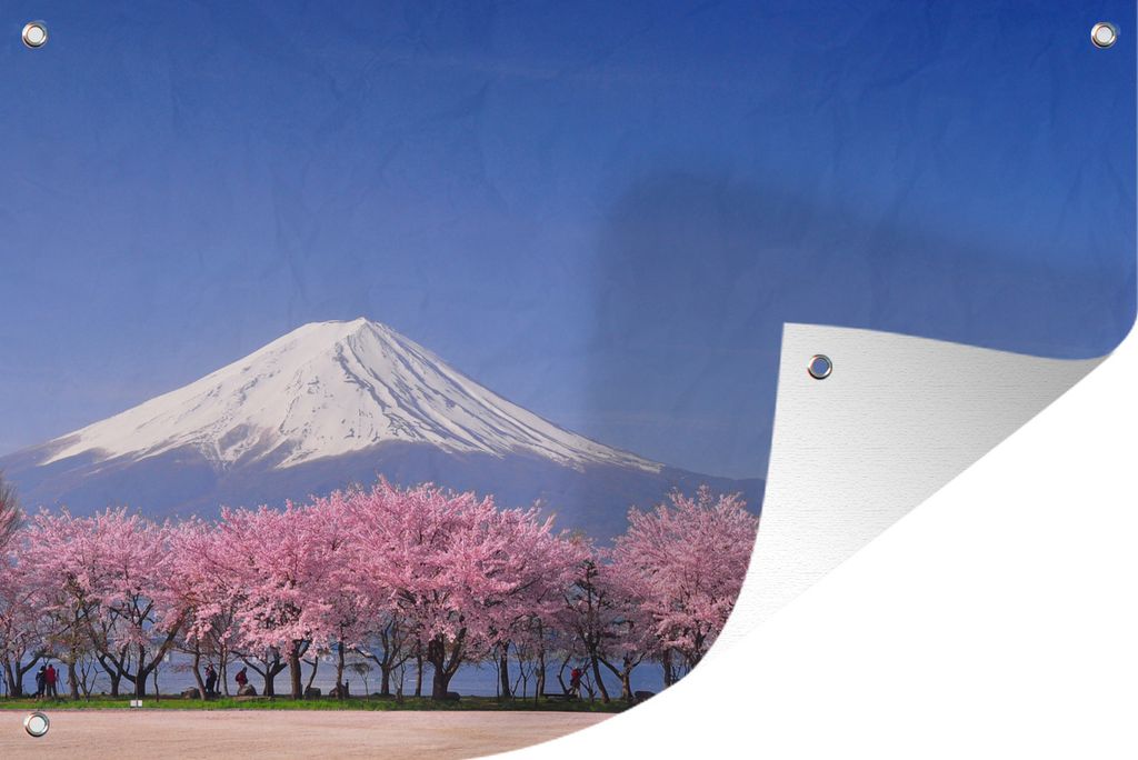 MuchoWow 90x60 cm Outdoor-Poster Gartendeko Sichtschutz Garten Poster für den Garten Fuji in Asien mit Kirschblüten im Vordergrund