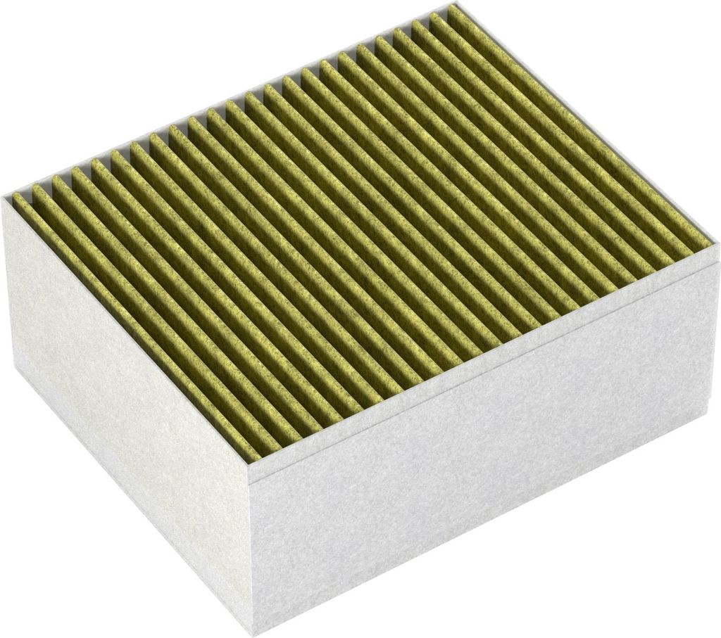 A close-up, isometric view of a cabin air filter.
