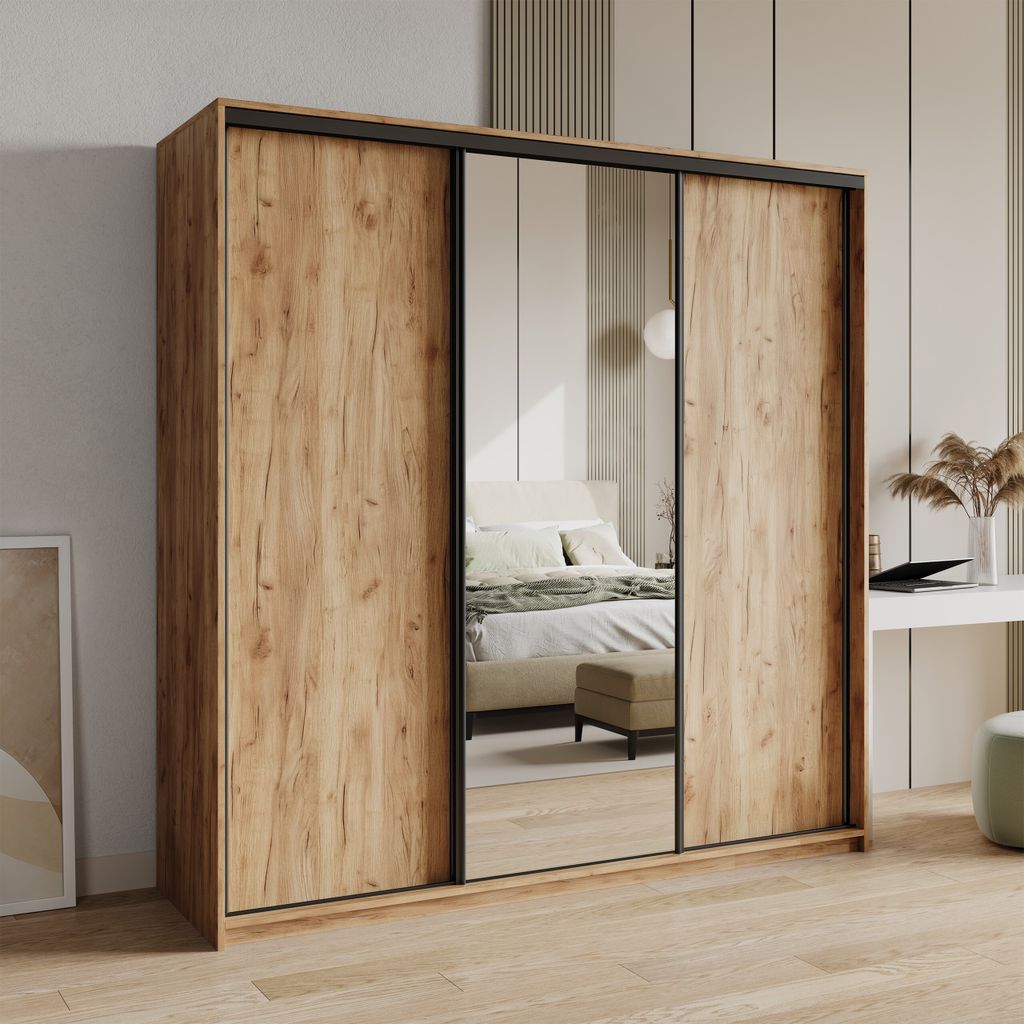 Masseno Schiebetürenschrank TAVI 200/205/60 cm Kleiderschrank mit Schubladen Schlafzimmer Schrank 3-türig mit Spiegel Craft Eiche Goldfarben + Sc...