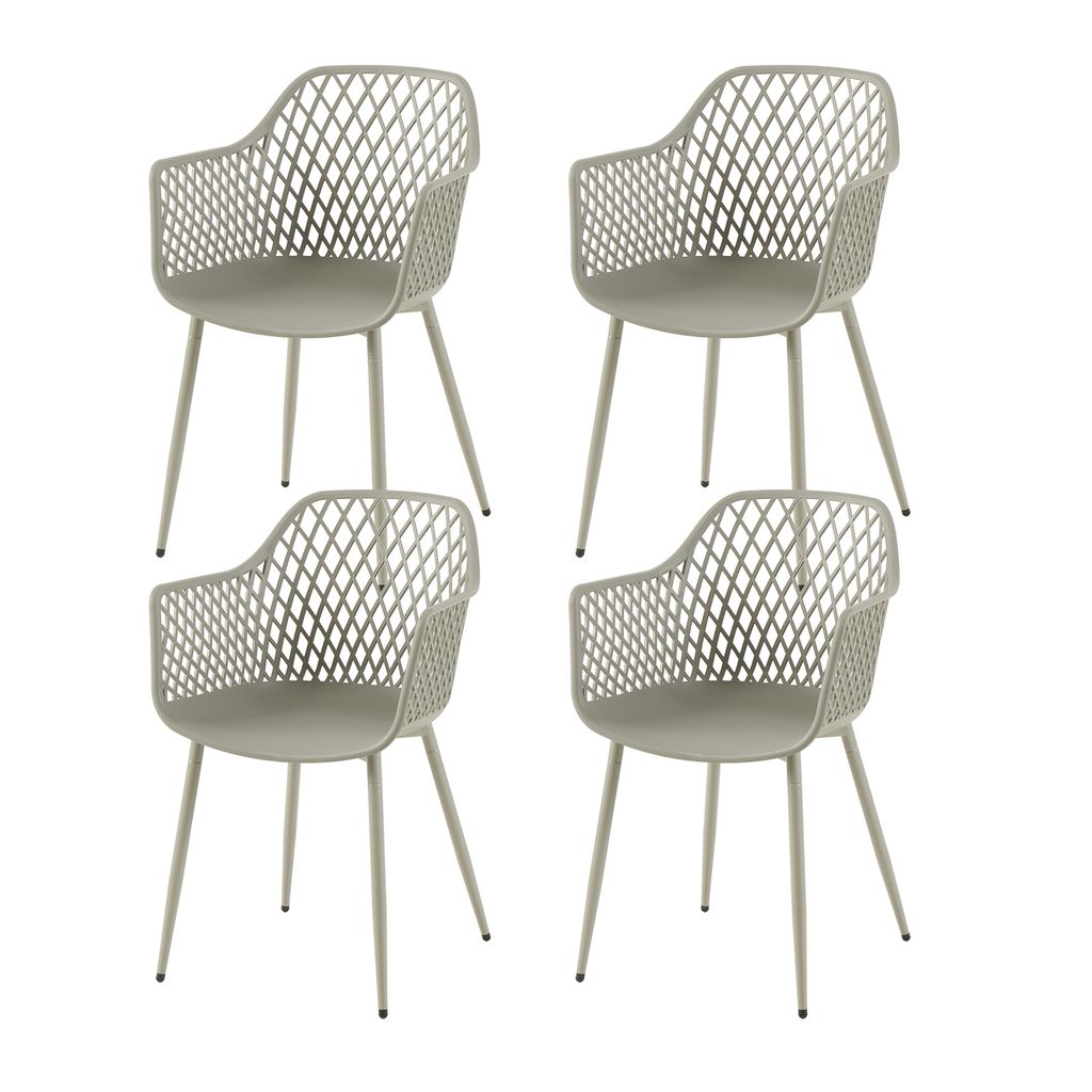 Four gray outdoor chairs are arranged in a two-by-two grid against a white background.
