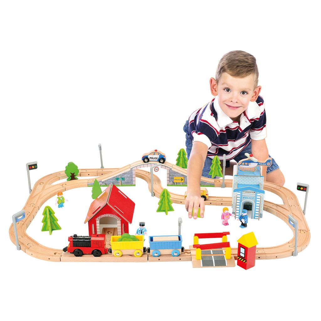 Spielzeug Eisenbahn elektrisch Kinder 80tlg Holzeisenbahn Set Holz Holzspielzeug 