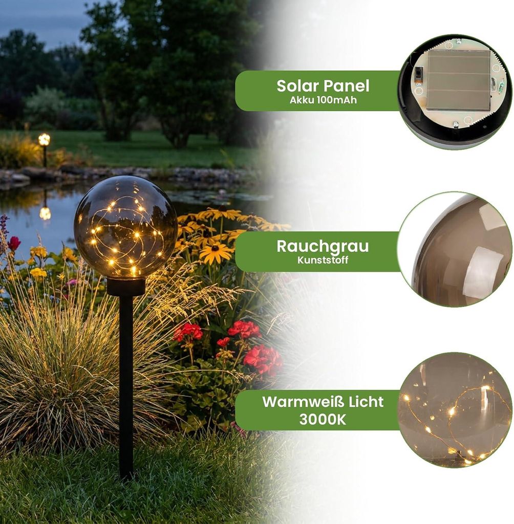 LUMILED 4er Set Solar Gartenleuchte LED Kugel Rauchgrau