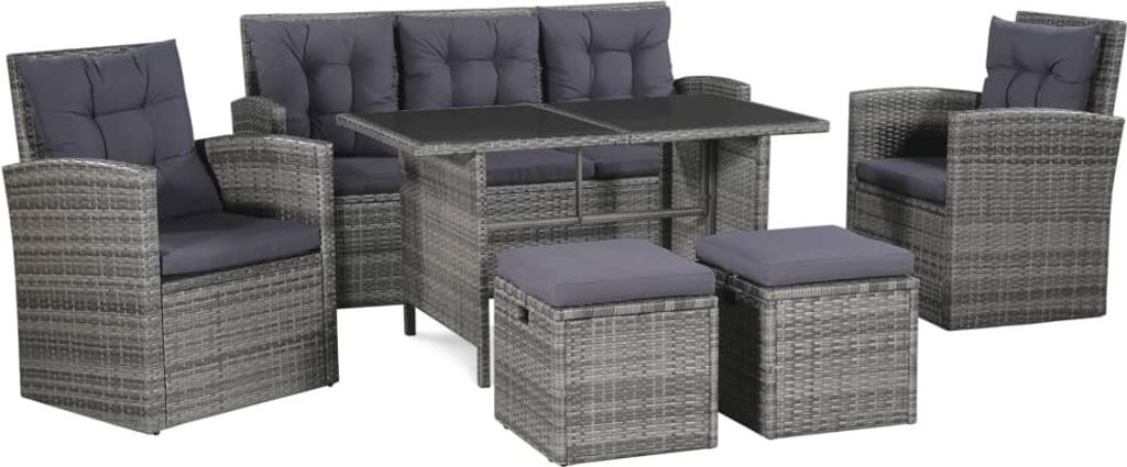 Möbel 6-tlg. Garten-Lounge-Set mit Auflagen Poly Rattan Grau - Balkonmöbel 43960