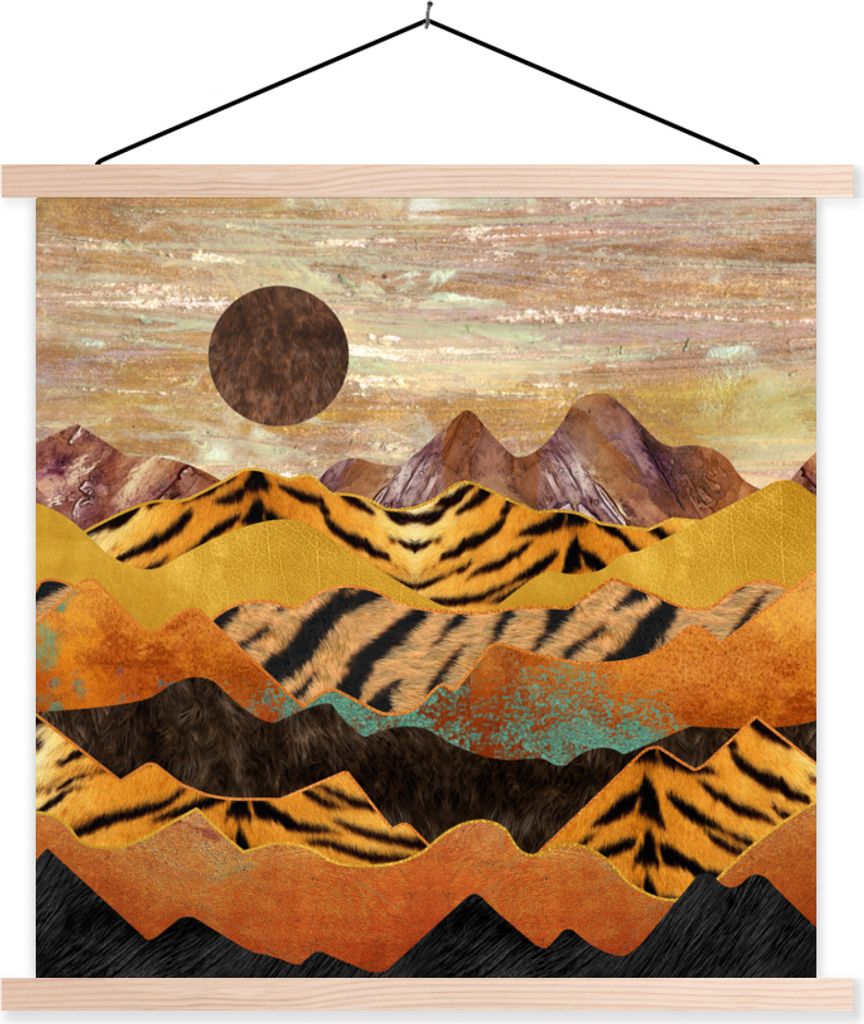 MuchoWow Textilposter Tigerdruck - Gold - Marmor 120x120 cm mit holzfarbenen Rahmen - Textil-Poster