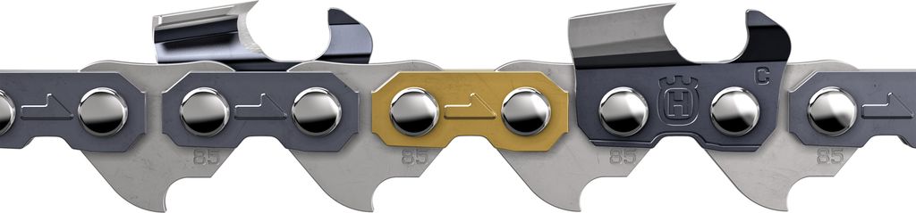A close-up, detailed view of a chainsaw chain on a white background.