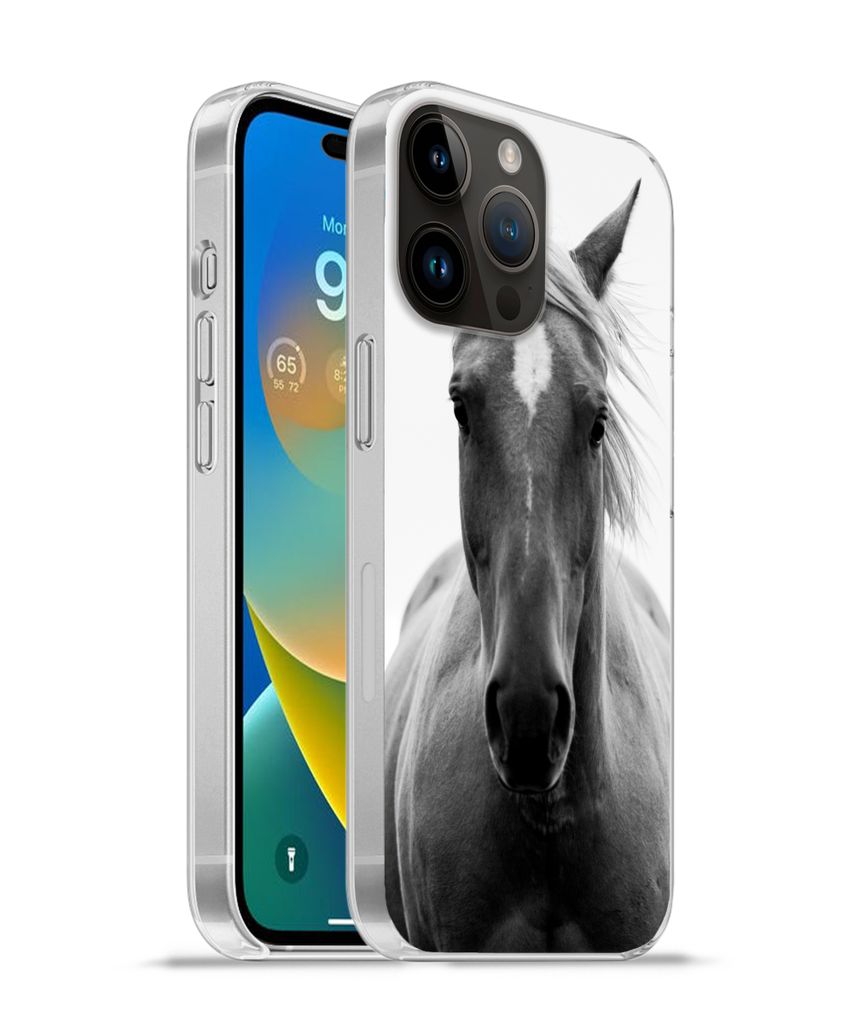 MuchoWow Handyhülle Schutzhülle Hülle für Apple iPhone 14 Pro Max Pferd - Tier - Schwarz - Weiß Silikon Softcase Handy Hülle - Hardcover