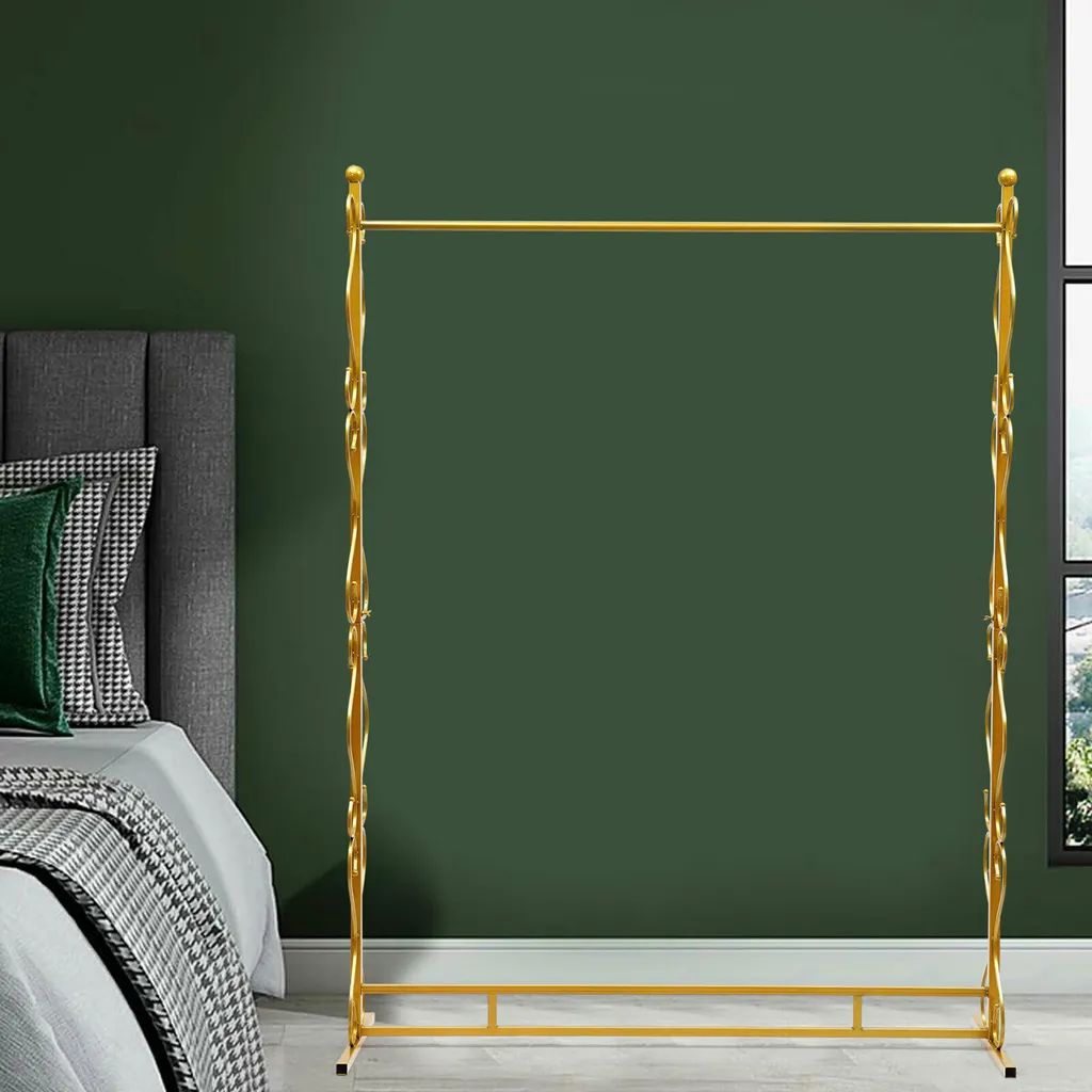 Porte-manteau design métal or avec double étagère et barre de penderie