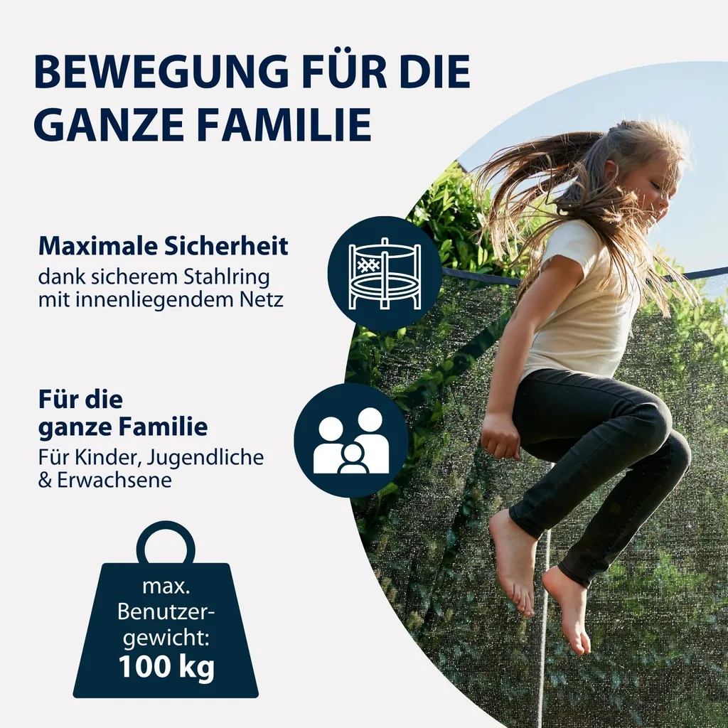 Trampoline 250cm First 250V noir robuste avec structure en acier et filet - 10