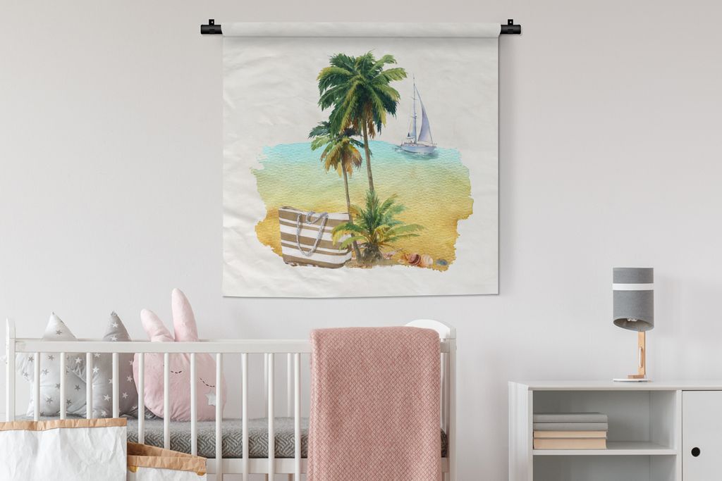 MuchoWow Wandteppich Wandbehang Tasche - Boot - Palme 90x90 cm Tapisserie Dekoration Wandtuch - Wandaufhänger