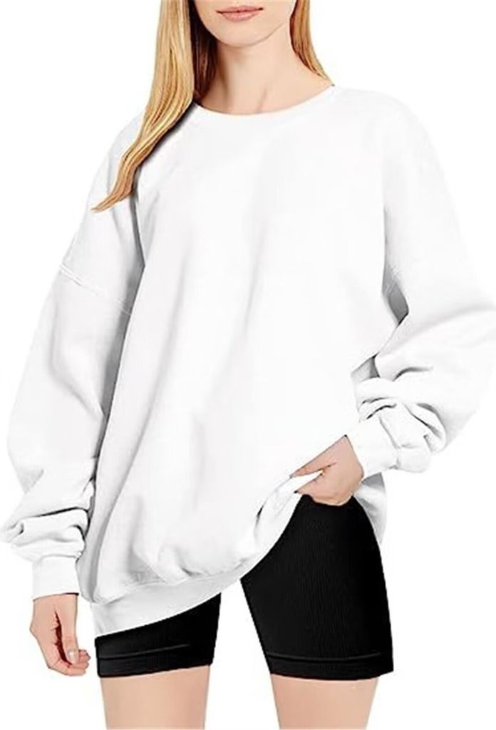 ASKSA Damen Sweatshirts Basic Rundhals Langarmshirt Loose Fleece Pullover Casual Oberteile Tops, Weiss, L