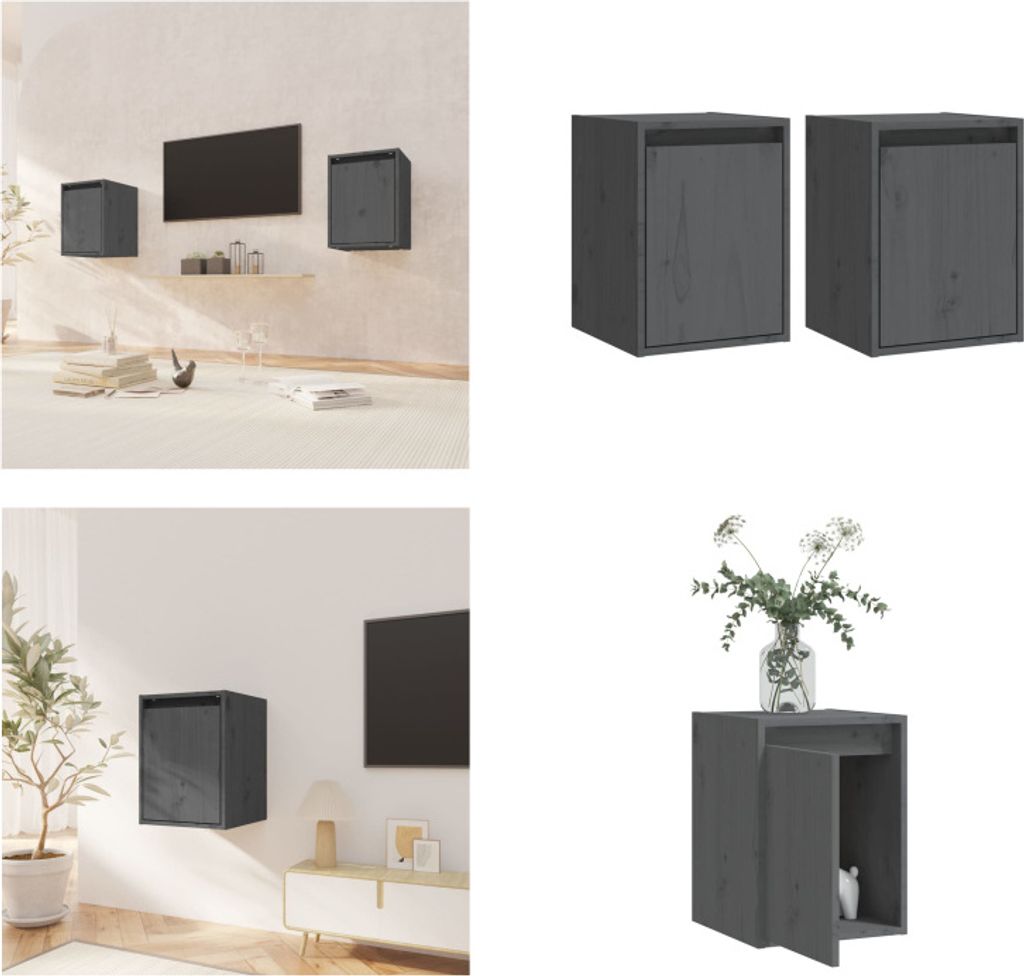 vidaXL Wandschränke 2 Stk. Grau 30x30x40 cm Massivholz Kiefer - Wandschrank - Wandschränke - Holz Wandschrank - Hängeschrank