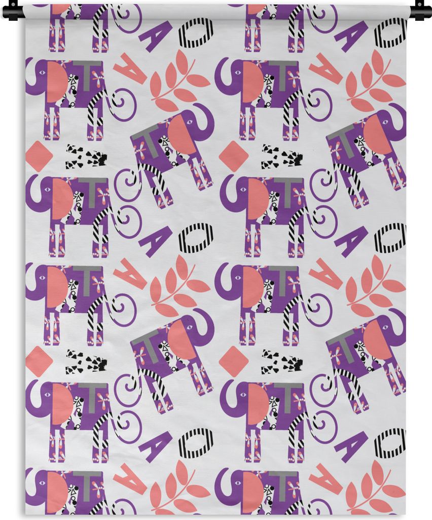 MuchoWow Wandteppich Wandbehang Elefanten - Blätter - Lila - Muster 120x160 cm Tapisserie Dekoration Wandtuch - Wohnzimmer - Moderne