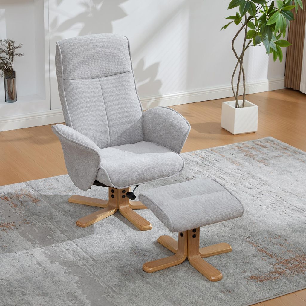 okwish multifunktionaler Drehsessel Relaxsessel mit Hocker und Armlehnen moderner Lesesessel Massivholzsockel mit Metallstütze Chenille-Stoff Geei...