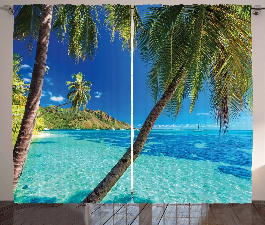 Rideau brise-vue anti-vis-à-vis motif océan turquoise pour salon