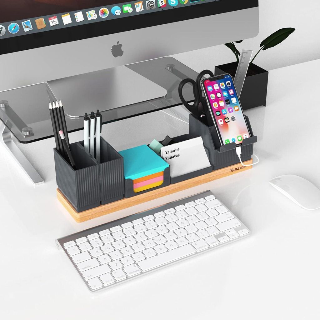 Büro-Organizer Tischorganizer Holz verstellbarer Stifthalter Telefonständer grau - Platzsparender Schreibtisch mit Büro und Organizer. Büro-Org...