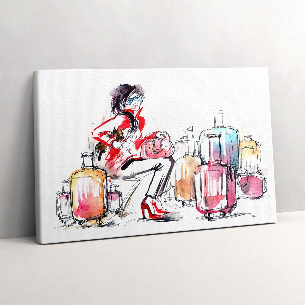Gemalte Frau mit Koffern – Leinwandbild Wandbild – 30x20 cm – Leinwandbilder – Wandbilder – Schlafzimmer – Flur