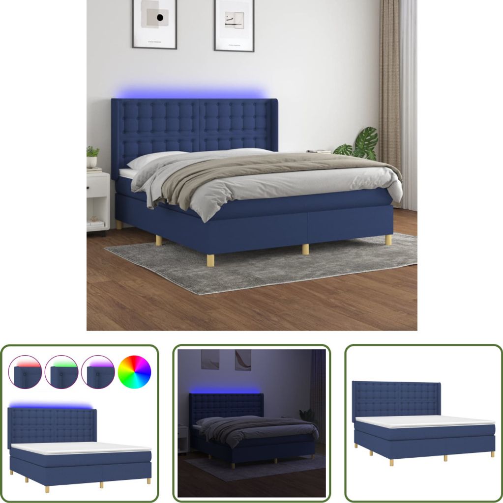 The Living Store Boxspringbett mit Matratze & LED Blau 180x200 cm Stoff