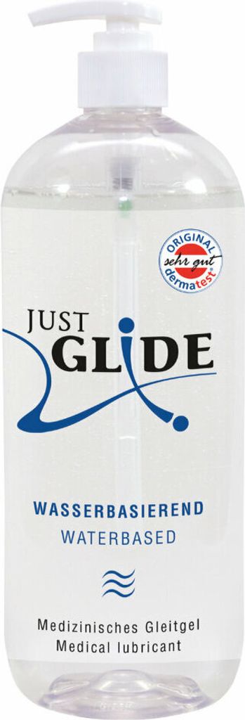 A clear, well-lit studio shot of a bottle of Just Glide water-based lubricant with a pump dispenser.