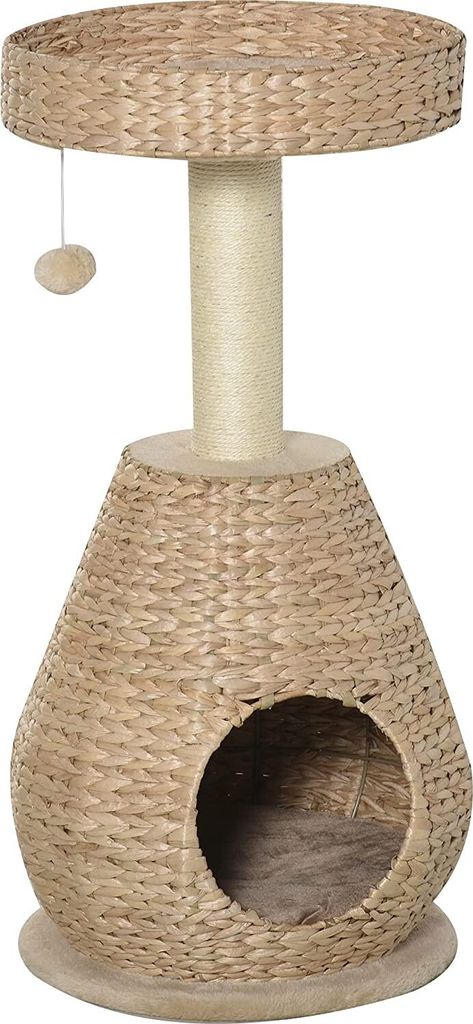 A cat tree with a perch, scratching post, and a hideaway.