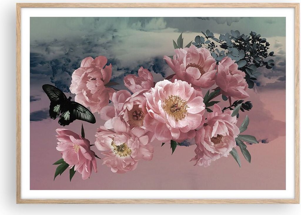 Gerahmtes Poster - Rahmen in heller Eiche - Blumen Schmetterling Wolken - 100x70 cm - Wand Bild - Wanddeko - Wandbilder - Kunstposter - Wandposter ...