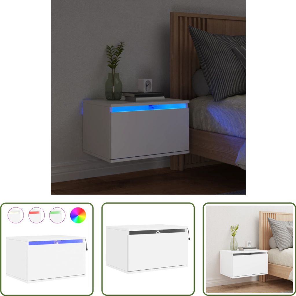 The Living Store Wand-Nachttisch mit LED-Leuchten Weiß