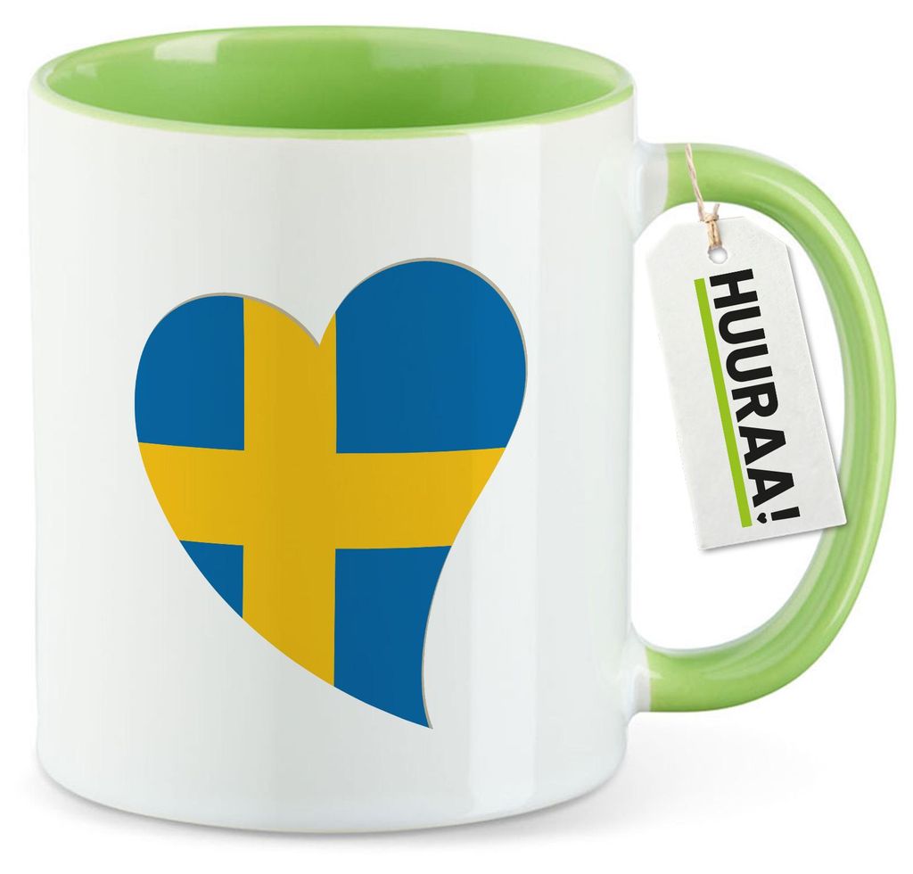Huuraa Kaffeetasse Schweden Flagge Herz 330ml Grün Keramik Kaffeebecher Geschenkidee