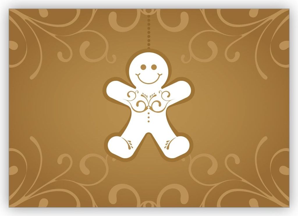 Klassische beige Weihnachtskarte mit süßem Lebkuchen Mann und Ornamenten