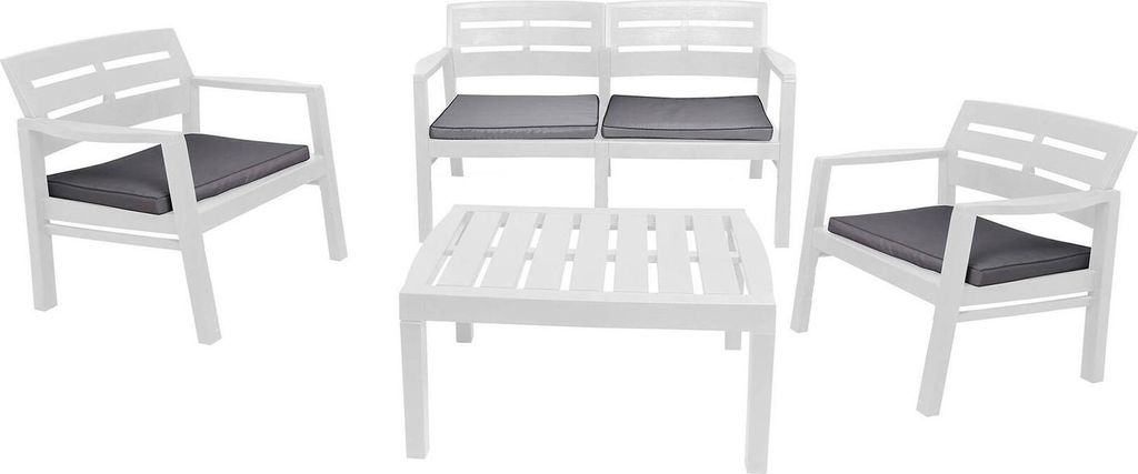 Outdoor-Lounge-Set Massa, Gartengarnitur mit 2 Sesseln, 1 Sofa und 1 Couchtisch, Innen- und Außensitzgruppe mit Kissen, 100 % Italy, Weiß