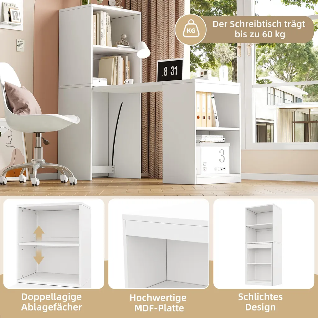 Bureau avec Compartiments de Rangement 130 cm Design Compact Blanc